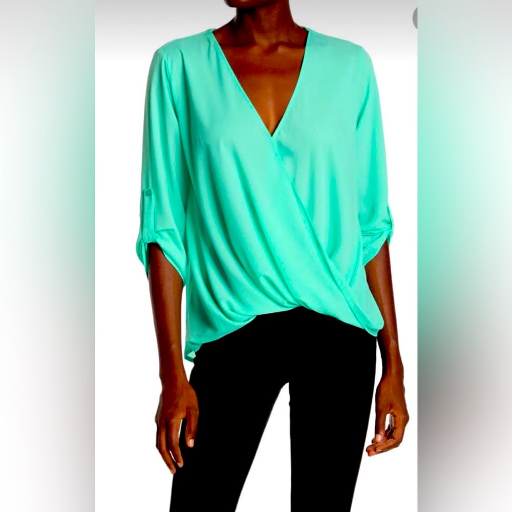 Vanity Surplice Draped High low Blouse, NWOT Size M.